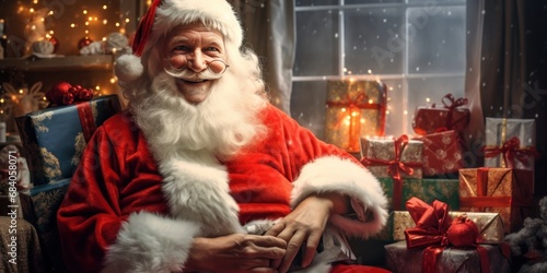 old man dressed as Santa Claus is smiling among gifts on Christmas day, generative AI