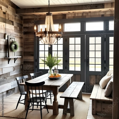 cozy dining room with a farmhouse table and wooden chairs set against a rustic barnwood wall