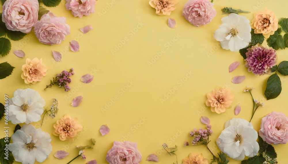 Colorful frame designed with natural flowers and petals Colorful frame designed with natural flowers and petals
