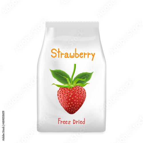 Bag of dried fruit strawberry products isolated on white background. Vector illustration of sweet dried strawberries Healthy snacks.
