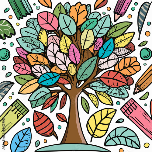 tree with colorful leafs drawing by crayons childish style
