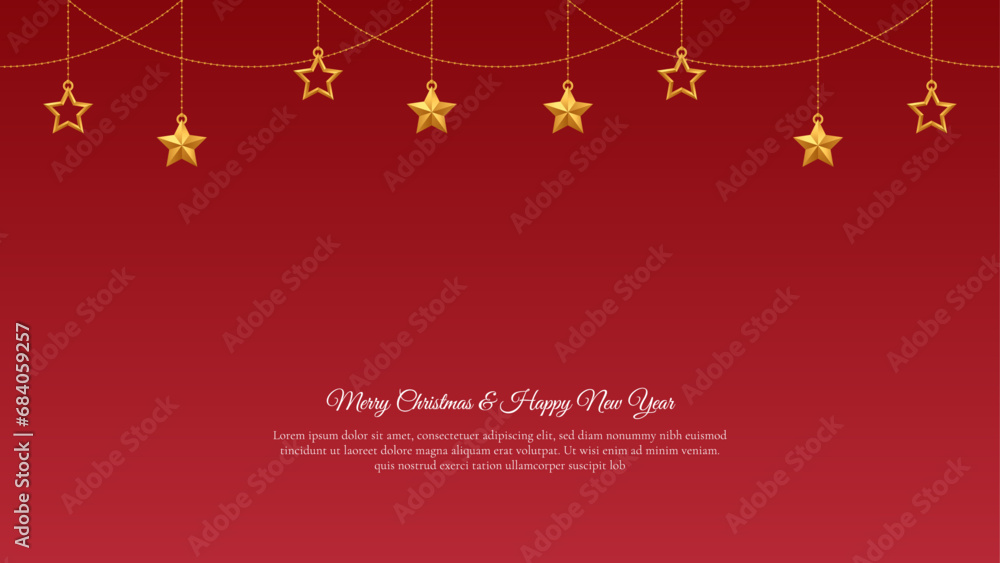 Simple Dark Red Christmas Greeting Background With Hanging Golden Stars Decoration
