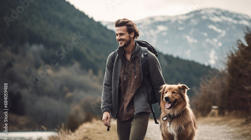 Man with dog on the trip on forest. Happy Young tourist with backpack and his dog walking together. © lelechka