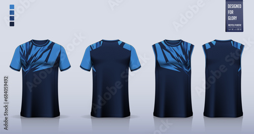 Blue T-shirt sport, Soccer jersey, football kit, basketball uniform, tank top, and running singlet mockup. Fabric pattern design. 