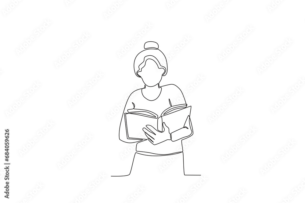 Single one line drawing a Woman reading a book in the library while standing3. online education concept. Single line draw design vector graphic illustration
