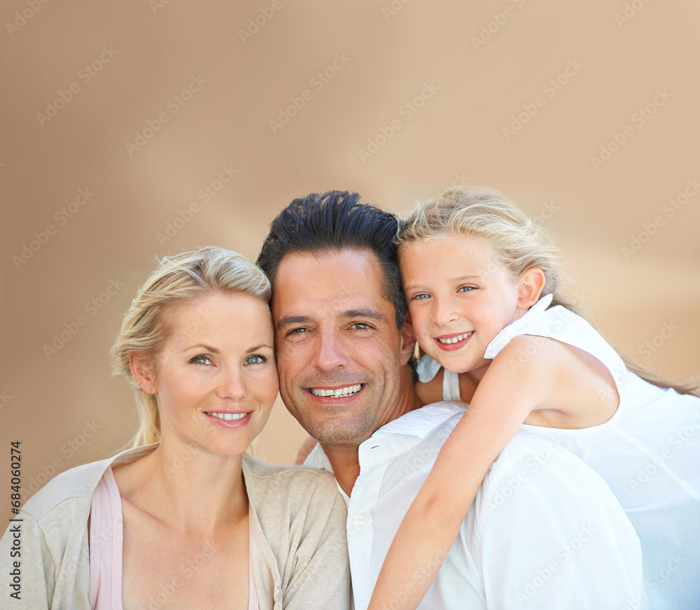 Family, portrait and happy on mock up with relax, peace and love for bonding and relationship in Thailand. Parents, girl child and face with smile on brown background with care, break and enjoyment Family, portrait and happy on mock up with relax, peace and love for bonding and relationship in Thailand. Parents, girl child and face with smile on brown background with care, break and enjoyment