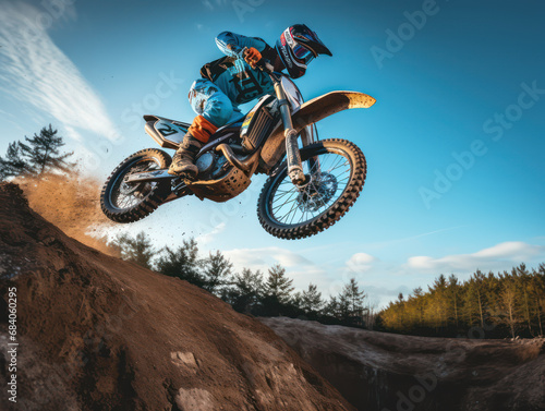 photo of a blue professional motocross rider performing a jumping action against a blue sky background © Kedek Creative