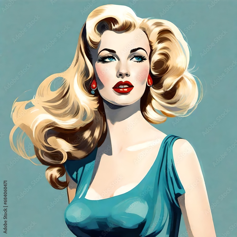 Φωτογραφία VINTAGE Illustration of a beautiful woman from the 1950s, long blond hair, blue eyes, rockabilly dress, summer, midcentury modern style
