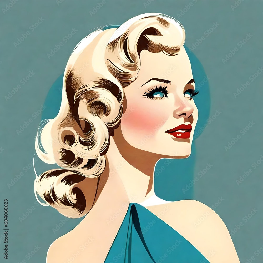 Εκτύπωση καμβά VINTAGE Illustration of a beautiful woman from the 1950s, long blond hair, blue eyes, rockabilly dress, summer, midcentury modern style