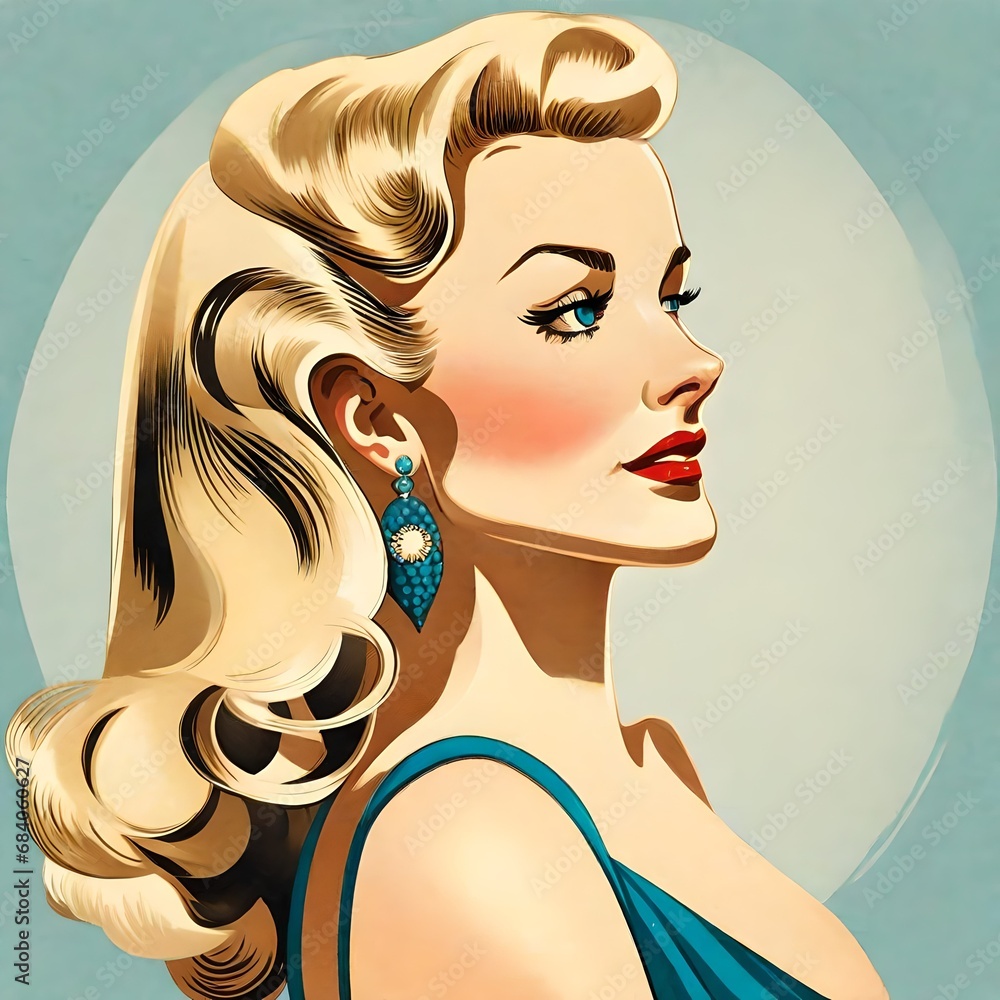 Φωτογραφία VINTAGE Illustration of a beautiful woman from the 1950s, long blond hair, blue eyes, rockabilly dress, summer, midcentury modern style