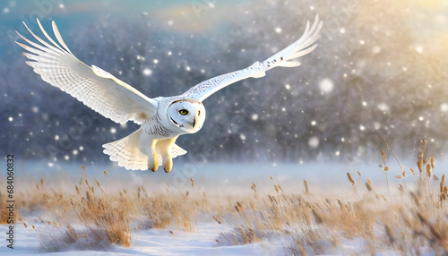 snowy owl in low flight in winter with snowfall photo
