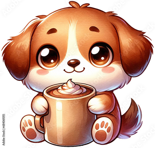 An adorable watercolor dog holding a cocoa mug clipart - perfectly isolated, with soft natural watercolor texture. Cozy winter mood.