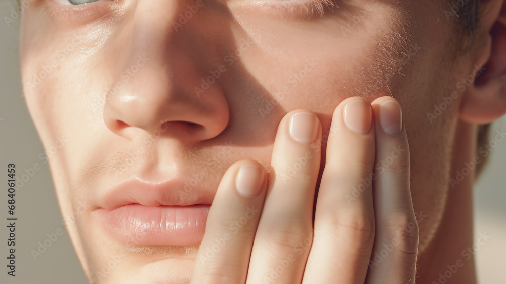 A handsome white male shielding himself from the sun, close-up. Men’s grooming. Mens cosmetics photo, beauty industry advertising photo. A handsome white male shielding himself from the sun, close-up. Men’s grooming. Mens cosmetics photo, beauty industry advertising photo.