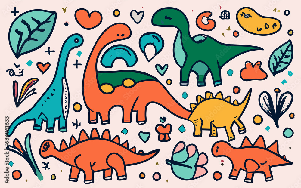 Obraz premium Dino Dreams A Kaleidoscope of Children's Imagination Featuring a Variety of Playful Dinosaur Illustrations