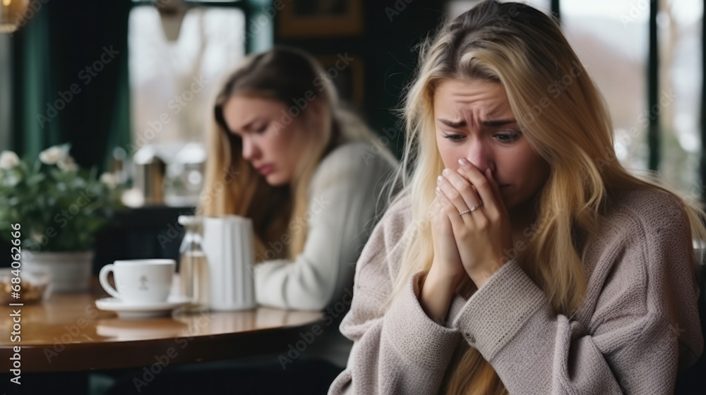 Friends at the bar, she is giving her bad news Friends at the bar, she is giving her bad news