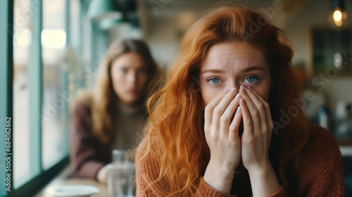 Friends at the bar, she is giving her bad news. Red hair, ginger woman portrait