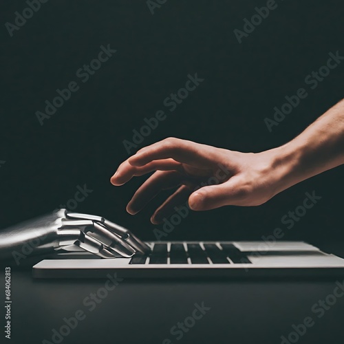 robot hand typing on a laptop while a human hand reaches out to stop it