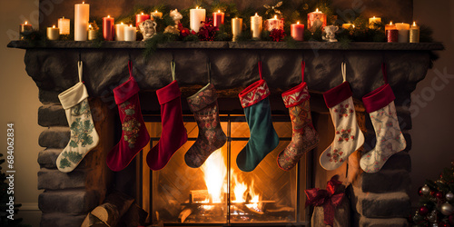 candles in the church ,Christmas stockings hanging over a fireplace with a fireplace and a fireplace ,Christmas Socks Fireplace, Chimney Christmas generative ai 