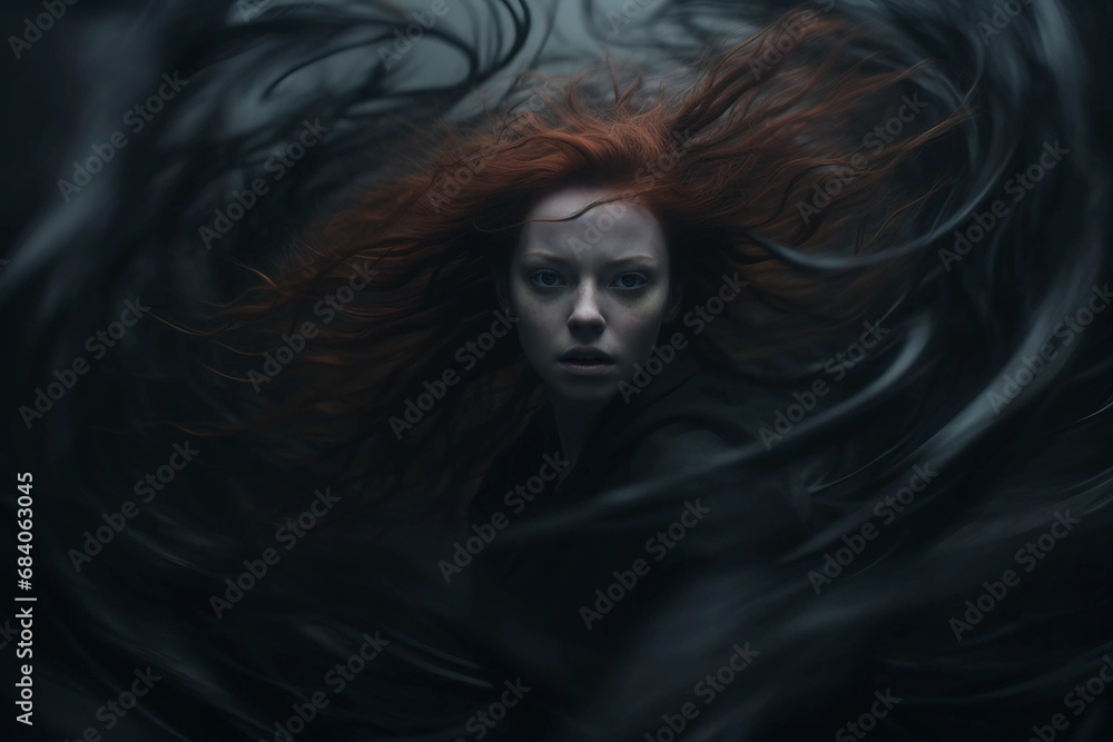 Fantasy Artwork of a Girl With Red Hair Surrounded by Swirling Black Tendrils - obrazy, fototapety, plakaty 
