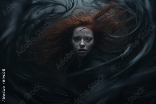 Fantasy Artwork of a Girl With Red Hair Surrounded by Swirling Black Tendrils photo