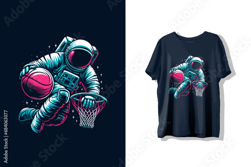 Astronaut playing basketball design for t-shirt prints or t shirt label illustration photo