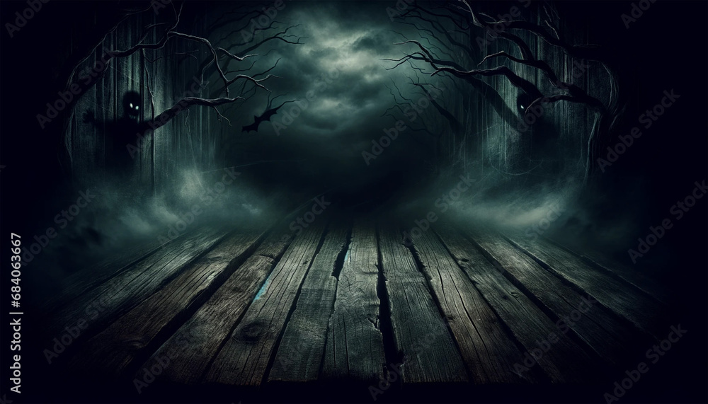 Spooky Halloween background with empty wooden planks, set in a dark horror ambiance