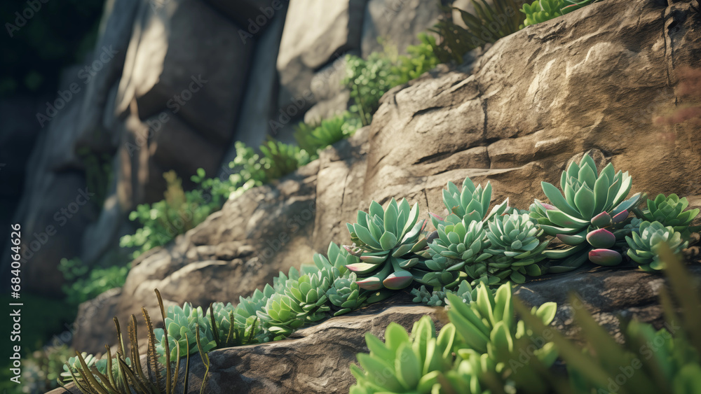 Hardy succulent plants growing among rock piles in the high mountains that receive good sunlight. Hardy succulent plants growing among rock piles in the high mountains that receive good sunlight.