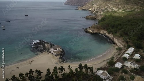 Drone footage of Tarrafal Beach on a cloudy day in Tarrafal city in the Cape Verde Archipelago photo