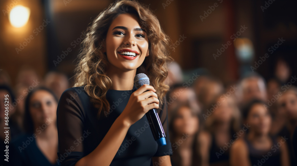 Woman delivering a powerful speech through a microphone in a crowded public event. - obrazy, fototapety, plakaty 