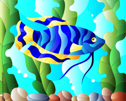 Illustration in stained glass style blue fishon the background of water and algae photo