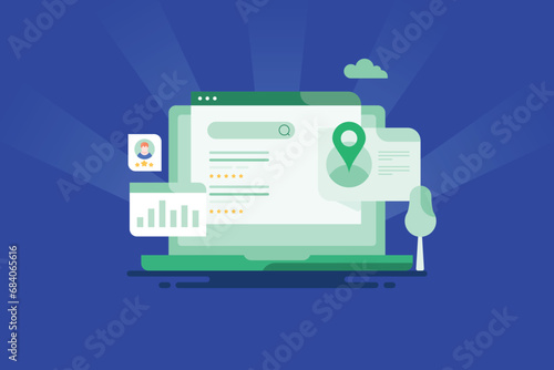 E-business optimization information search page business listing map location  marketing solution  communication technology vector illustration.