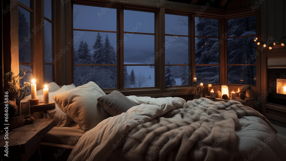 Cozy wooden-style bedroom interior in a country house with wonderful winter natural scenery