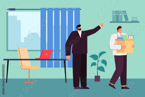 Executive manager firing employee vector illustration. Boss pointing man with carton box to door. Job cuts, dismissal of worker concept