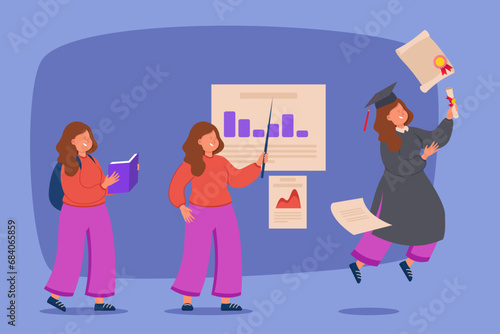 Girl graduating university vector illustration. Stages from preparing for entrance exam to getting diploma. Academic achievements, graduation, higher education concept