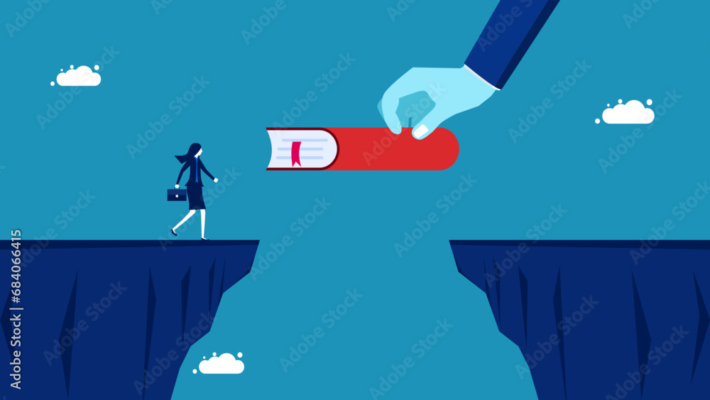Teaching how to overcome obstacles. Businessman gives book bridge over cliff. vector - obrazy, fototapety, plakaty 