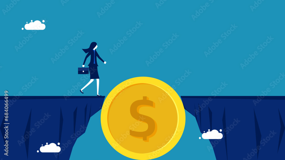Overcome financial risks. Businesswoman crossing coin bridge vector - obrazy, fototapety, plakaty 