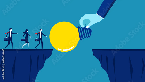 Teach knowledge to overcome obstacles. Businessman manager gives a light bulb bridge over a cliff. Vector