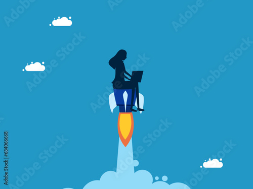 Accelerate work to grow. Businesswoman with laptop flies into the sky like a rocket. vector