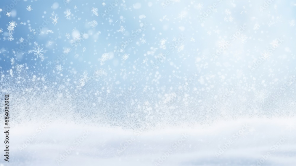 Snow  winter background with snowdrifts, with beautiful light and snowflakes on the blue sky beautiful bokeh circles, banner format