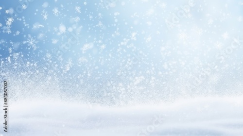 Snow winter background with snowdrifts, with beautiful light and snowflakes on the blue sky beautiful bokeh circles, banner format