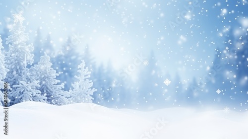 Snow  winter background with snowdrifts, with beautiful light and snowflakes on the blue sky beautiful bokeh circles, banner format © Eyepain
