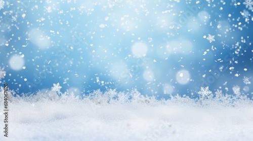 Snow winter background with snowdrifts, with beautiful light and snowflakes on the blue sky beautiful bokeh circles, banner format