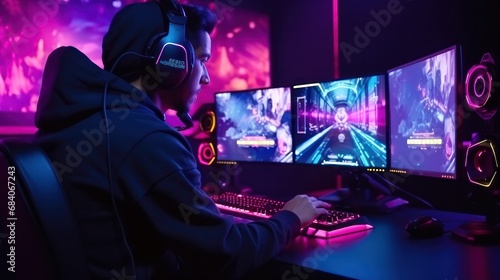 pro gamer man in headphones live streaming while playing online computer game, neon lights, esports, gaming, monitor, play, young, player, internet, enjoyment, cyber,