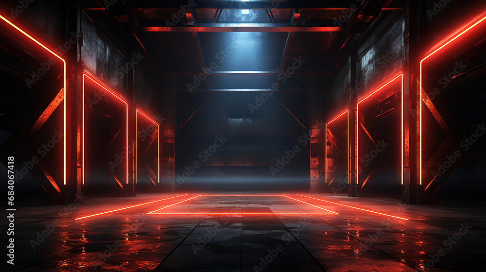Empty dark room, modern futuristic sci fi background, 3d illustration. Generative Ai Empty dark room, modern futuristic sci fi background, 3d illustration. Generative Ai