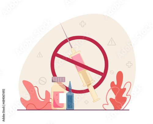 Syringe with botox and filters in forbidden circle. Flat vector illustration. Ban for cosmetic injections, beauty industry concept