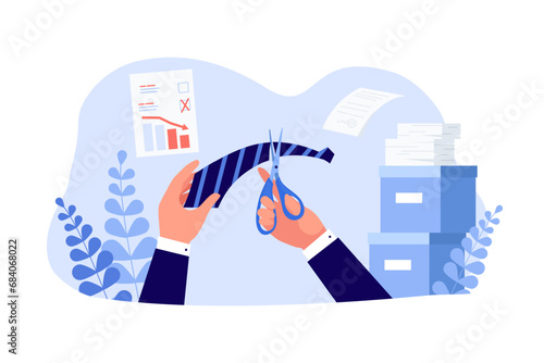 Office worker cutting tie with scissors vector illustration. Document with decreasing diagram, boxes with documents on background. Job cuts, dismissal of workers, HR, crisis concept