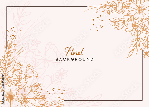 Hand-drawn floral botanical background with line art flowers and leaves