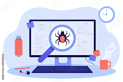 Huge computer monitor with magnifying glass and bug. Flat vector illustration. Developing, testing, software debugging and error resolution concept