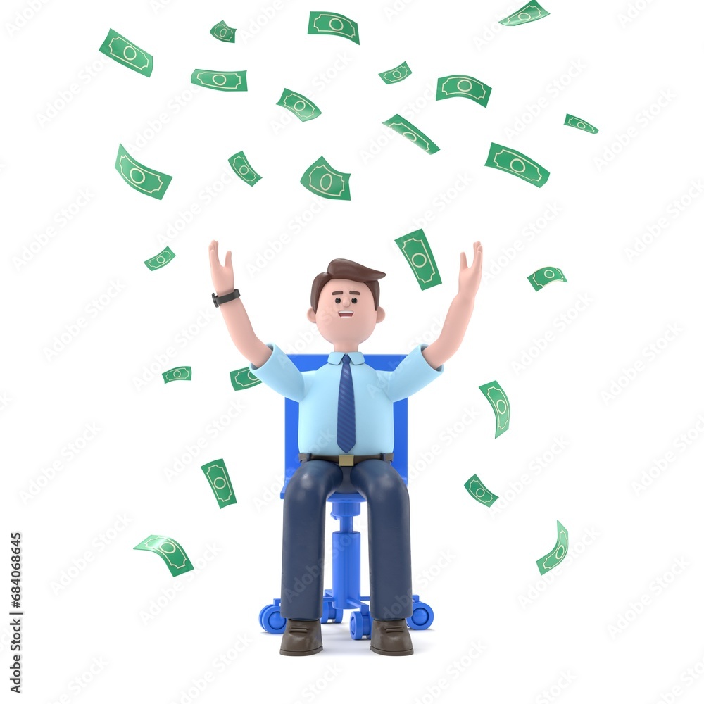 Φωτογραφία 3D illustration of smiling Asian man Felix celebrates success sitting in an office chair under money rain banknotes falling
