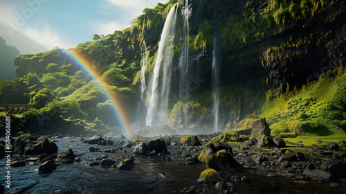 A rainbow over a waterfall. Generative Ai